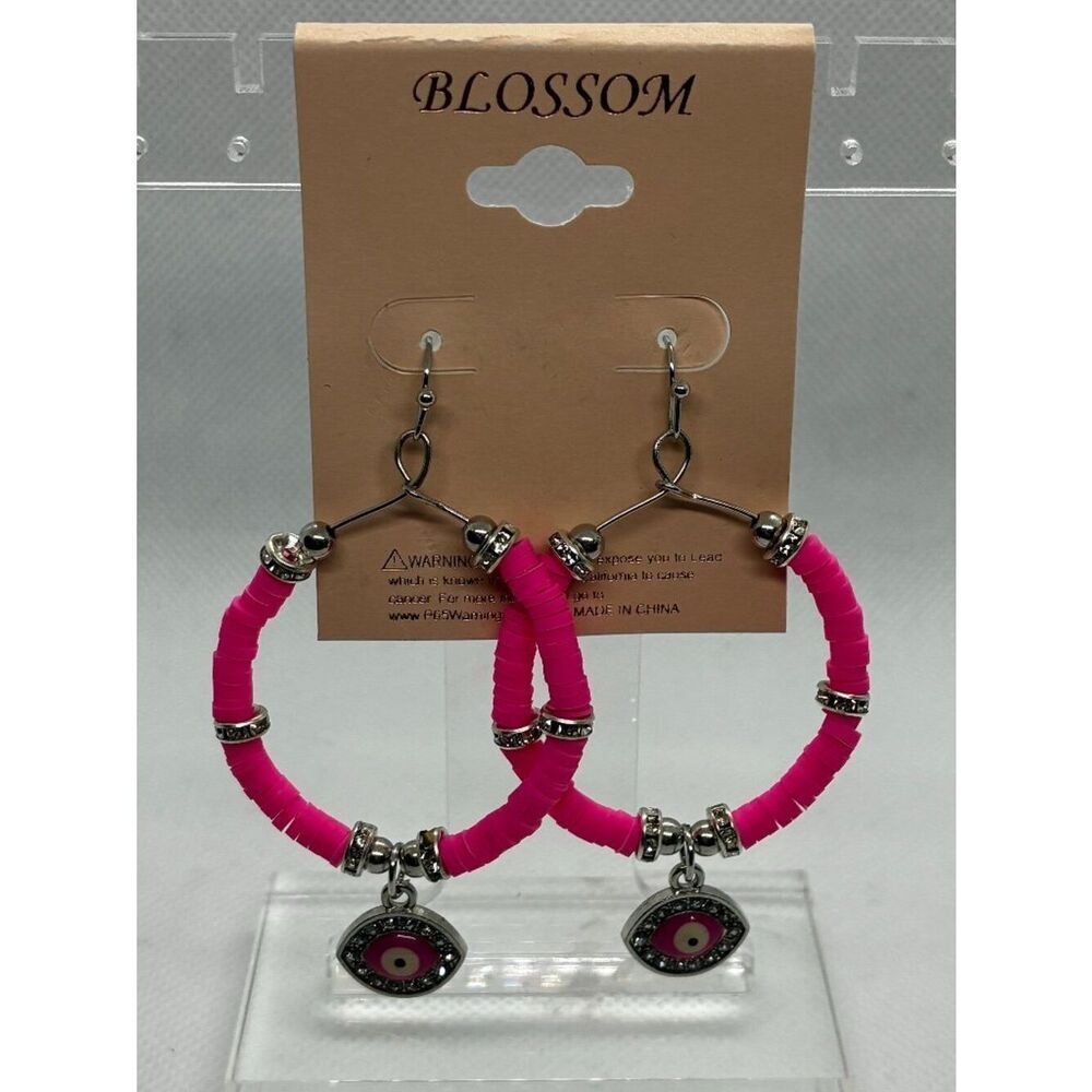 3For$30 Blossom Pink Evil Eye Hoop Beaded Boho Trendy Earrings